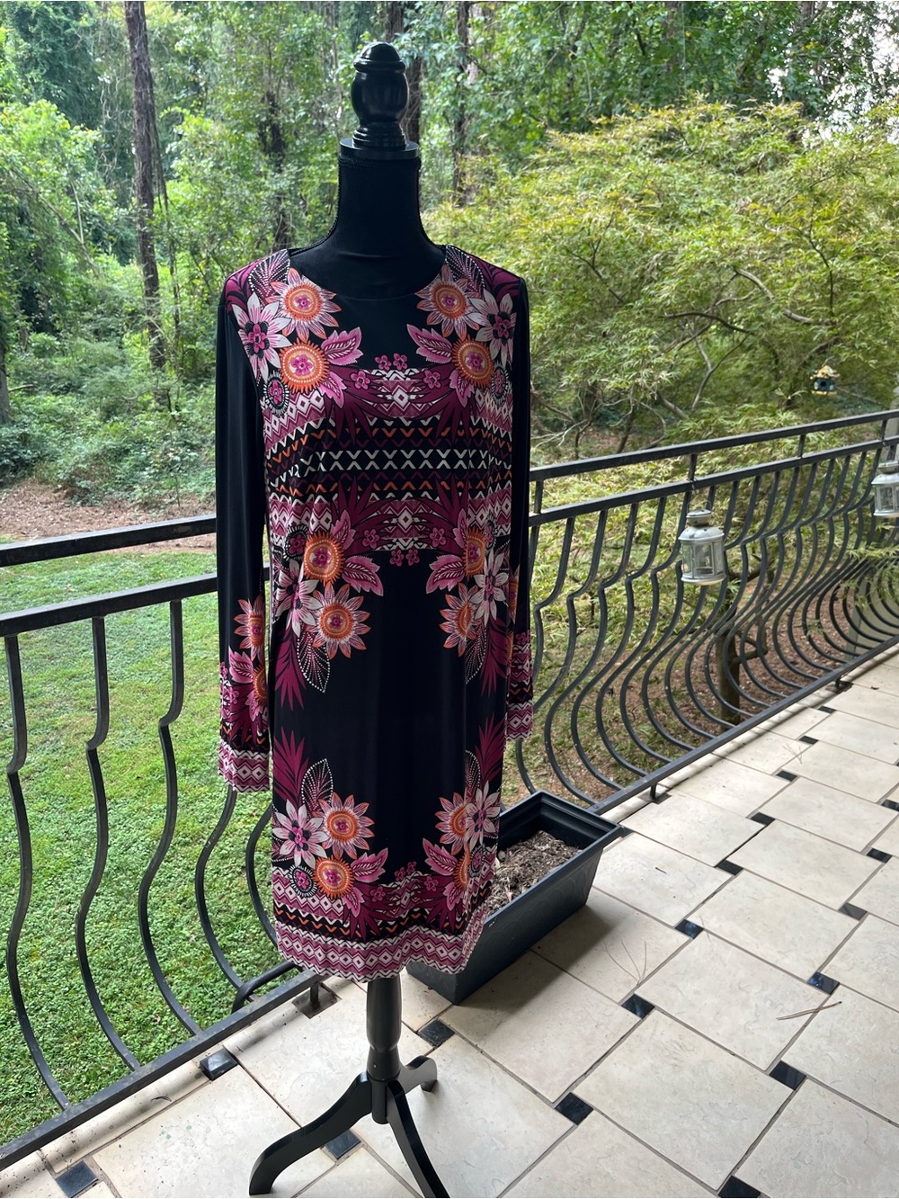 Donna Morgan Black Long-Sleeve Dress with Pink Floral Print. Size 14.